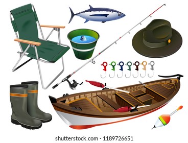 Vector illustration fishing icon set collection. Fisherman equipment