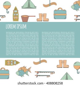 Vector illustration with fishing infographics. Line fishing equipment. Vector background for fishing infographics with text space. Fishing card or poster. Outdoor hobby fishing infographics