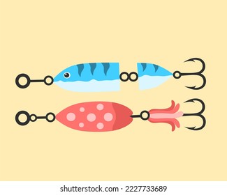 vector illustration.set of fishing lures with hooks,handmade for predatory fish,isolated flat style design
