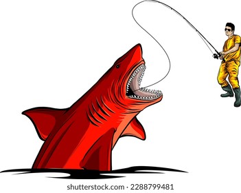 vector illustration of Fishing on sharks, fisherman pulls a big fish