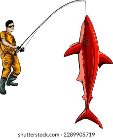 vector illustration of Fishing on sharks, fisherman pulls a big fish