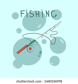 vector illustration of fishing rod in doodle style, with text "fishing". For printing on clothing, notebooks, books, booklets, etc.