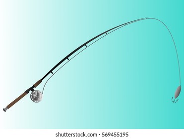 Vector illustration fishing rod holding in the hands of men fisherman. 