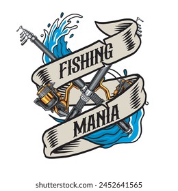 Vector Illustration of Fishing Rods and Waves with Vintage Illustration Available for Tshirt Design