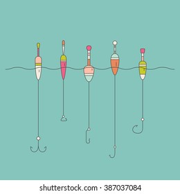 Vector illustration of fishing tackle - floaters and hooks. Fishing gear line series. Catching fish concept.