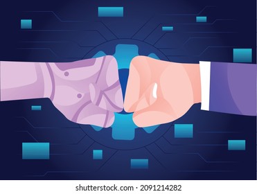 Vector illustration fist bump between robot hand and human hand background.