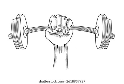 Vector illustration of a fist drawn with a big dumbbell. Sketch Design. Barbell Grip Illustration, Fitness Exercise Drawing