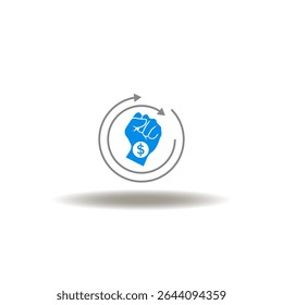 Vector illustration of fist hand with dollar currency and round arrows . Symbol of RSI Relative Strength Index Financial Economic Business. Icon of money power. Sign of protest financing.
