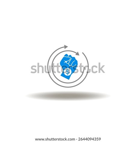 Vector illustration of fist hand with dollar currency and round arrows . Symbol of RSI Relative Strength Index Financial Economic Business. Icon of money power. Sign of protest financing.