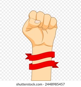 Vector illustration of fist hand with red ribbon flag on transparent background
