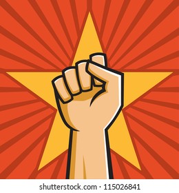 Vector Illustration of a fist held high in the style of Russian Constructivist propaganda posters.