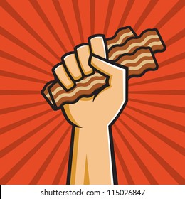 Ilustração vetorial de um punho segurando bacon no estilo de cartazes de propaganda construtivista russa.