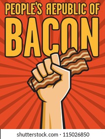 Vector Illustration Of A Fist Holding Bacon In The Style Of Russian Constructivist Propaganda Posters.