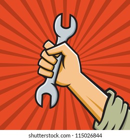 Vector Illustration of a fist holding a wrench in the style of Russian Constructivist propaganda posters.