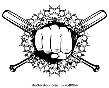Vector illustration fist on abstract grunge background and crossed bats and brass knuckles. For t-shirt design.