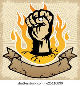 vector illustration of fist and ribbon on flame background in grunge frame border