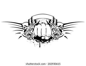 Vector illustration fist and two tigers  heads 