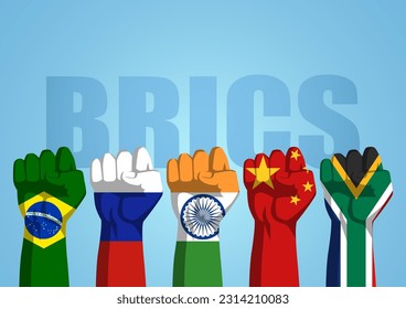 Vector illustration of fists with the BRICS countries' flags