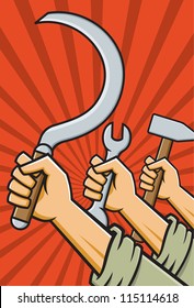 Vector Illustration of fists holding tools in the style of Russian Constructivist propaganda posters.