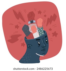 Vector illustration of Fists inside head. Struggle and riot concept