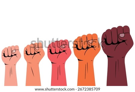 Vector illustration of fists raised in protest symbol of power, revolution fight, rebel victory, solidarity, background for manifestation, vote riot, freedom struggle and social rights awareness