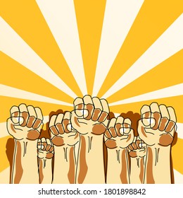 Vector illustration of fists up as a sign of protest, democracy, many hands raise up.