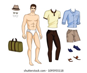 Vector illustration of fit body guy with set of stylish summer clothes, shoes and accessories. Constructor with paper doll man and trendy mens outfit