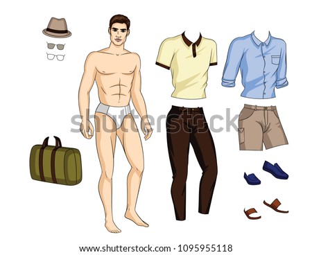 Vector illustration of fit body guy with set of stylish summer clothes, shoes and accessories. Constructor with paper doll man and trendy mens outfit