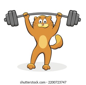 Vector illustration of a fit cat lifting a heavy barbell over his head. Workout exercise by strong bodybuilder with weight. Gym and lift sport training by athletic cartoon animal