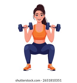 Vector illustration of a fit young woman doing squats while holding dumbbells. Perfect for fitness, workout, gym, personal training, and healthy lifestyle-related content. The character is wearing ath