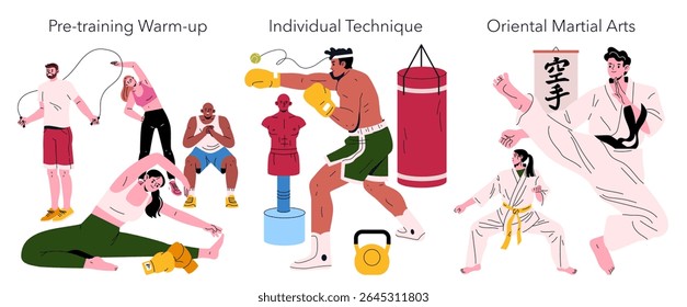 Vector illustration of fitness activities. People engaging in pre-training warm-up, practicing boxing techniques, and demonstrating martial arts. Displays diverse exercise routines and workouts.
