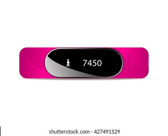 Vector Illustration Of Fitness Band, Hand Bracelet With Electronic Screen. Pink Strap Watch Tracker For Sports. Rubber Eraser Bracelet For Wrist. Isolated On White Background. Tracker Display.