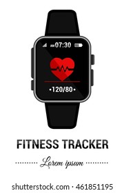 Vector illustration of a fitness band or tracker. Flat pictogram watches monitoring heart rate, calories, timer, and other options to support your fitness workout. Infographic for the website.