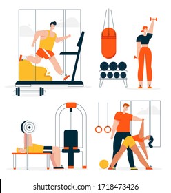 Vector illustration of fitness character in gym scene set. Man runs on treadmill, bench press barbell. Woman exercises dumbbells, yoga or stretching with personal trainer. Body workout, sport activity