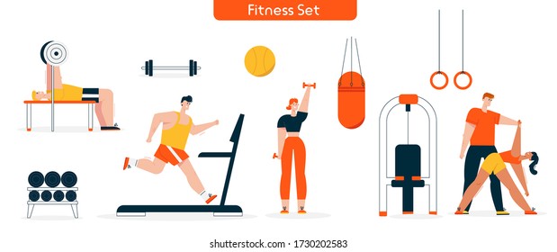 Vector illustration of fitness character in gym set. Man runs on treadmill, bench press barbell. Woman exercises dumbbells, yoga stretching with personal trainer. Gym sport equipment isolated objects