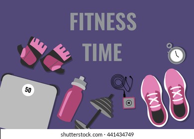 Vector illustration of fitness elements (running shoes, fitness, weights, scales, player, timer, water bottle)