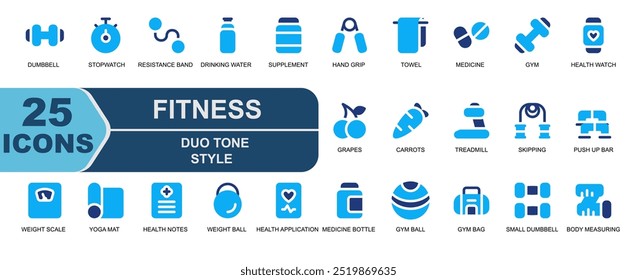 vector illustration fitness icon set. duo tone style. contains weight ball,weight lifting,health application,medicine bottle,gym ball,bounce ball,gym bag.
