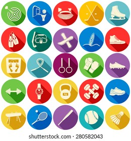 Vector illustration of fitness icon. Sport set. White objects on flat design color circles with shadow. 