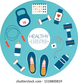 Vector illustration of fitness items in circle: shoes, weights, player, bottle, jump rope. Top view. Fitness concept workout with equipment. Sport, diet and healthy lifestyle banner on blue background