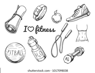 Vector Illustration Of A Fitness Items Icons Set. Yoga Mat, Cardio Bracelet, Apple, Sneakers, Fitball, Water Bottle, Jumping Rope, Barbell, Fit Body Hand Drawn Icons.