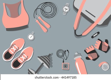 Vector illustration of fitness items: shoes, fitness, weights, scales, player, timer, bottle, weights, gloves, timer, jump rope. Top view.