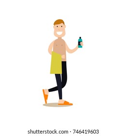 Vector illustration of fitness man going to take a shower after workout. Gym people flat style design element, icon isolated on white background.