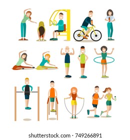 Vector illustration of fitness people doing sports jogging, going cycling, working out using exercise equipment, jump rope, hula hoop. Training outside people flat icons isolated on white background.