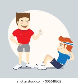 Vector illustration Fitness personal trainer and funny sportsman doing abs workout
