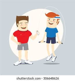 Vector illustration Fitness personal trainer and funny sportsman jumping with skipping rope