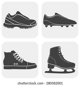 Vector illustration of fitness shoes icon. Sneakers, shoes, football boots, skates. Black and white. 