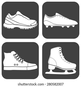Vector illustration of fitness shoes icon. Sneakers, shoes, football boots, skates. Black and white button.