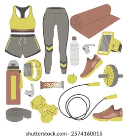 Vector illustration of fitness sport. Sport equipment for women. Sportswear, sport watch, sneakers, dumbbells, jump ropes, mat