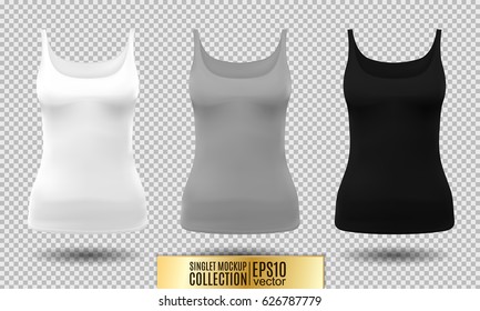 Vector illustration of fitness tank top for women. Realistic illustration sport wear. Realistic vector objects on transparent background. White, gray and black colors.