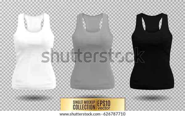 Vector illustration of\
fitness tank top for women. Realistic illustration sport wear.\
Realistic vector objects on transparent background. White, gray and\
black colors.